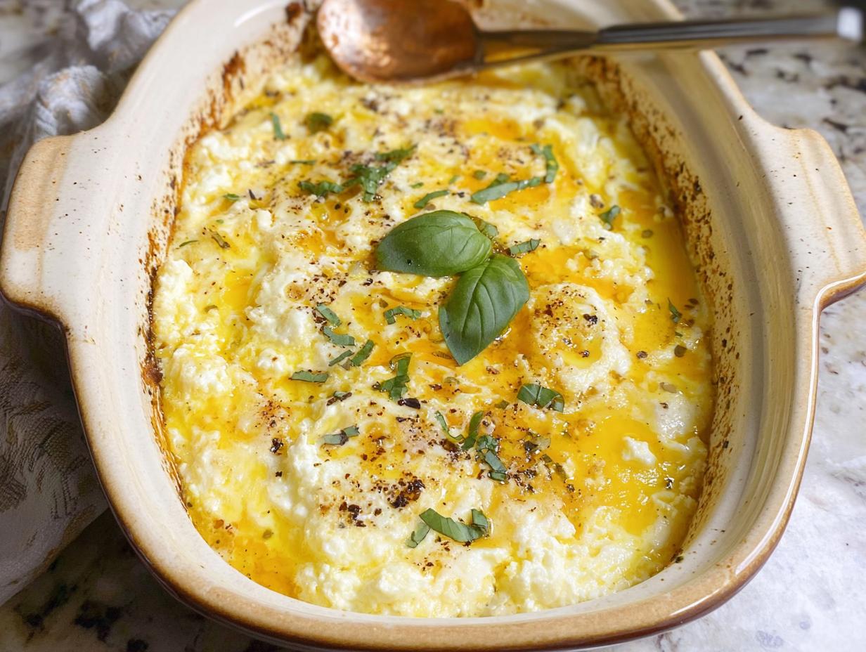 A close-up of baked feta eggs in a rustic ceramic dish, topped with fresh basil and drizzled with olive oil.