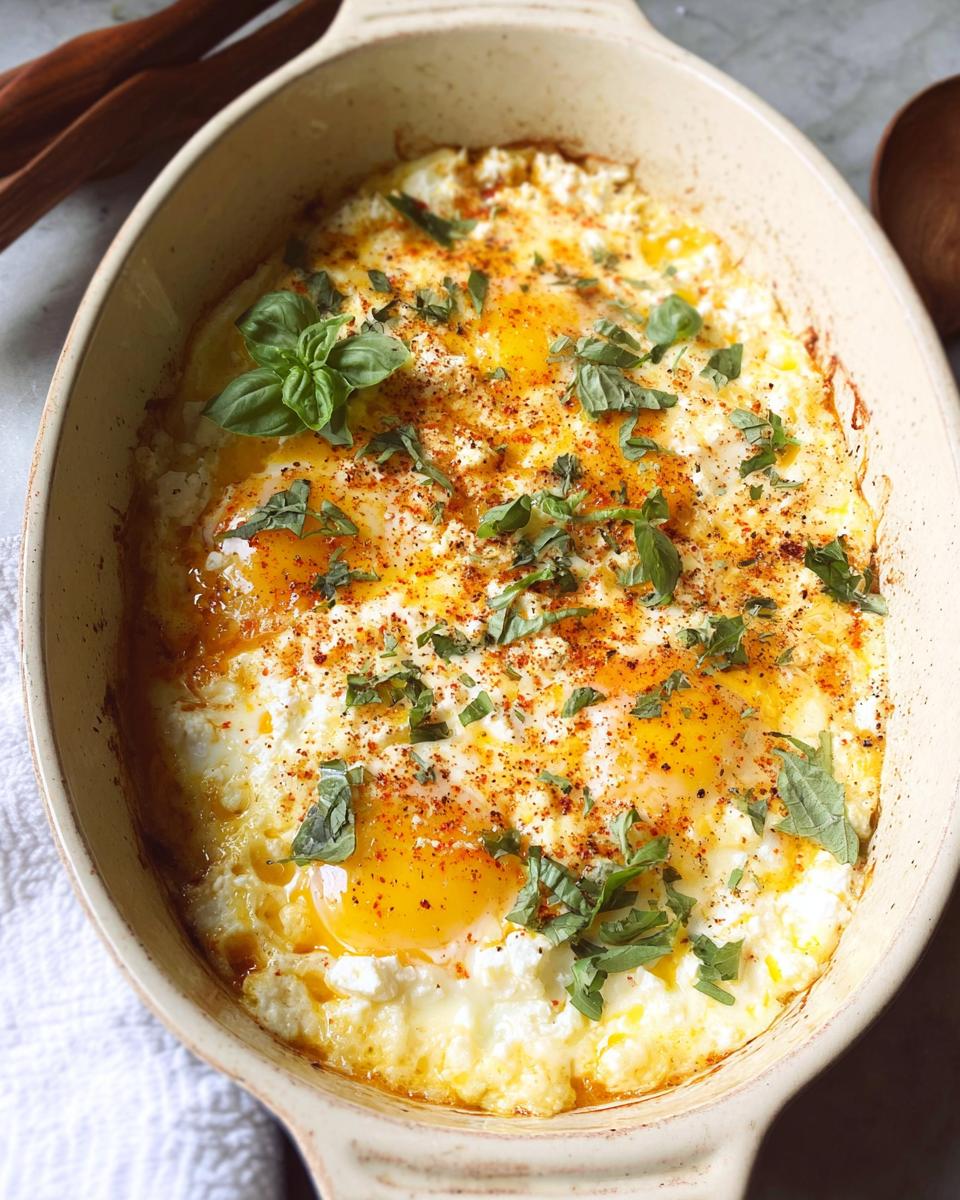 Close-up of Baked Feta Eggs in a baking dish, topped with fresh basil and paprika.