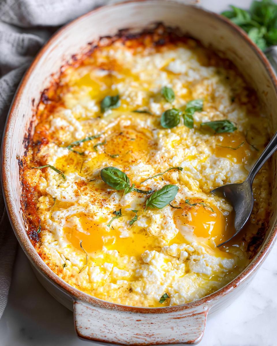 Close-up of baked feta eggs in a dish, with runny yolks and fresh basil.