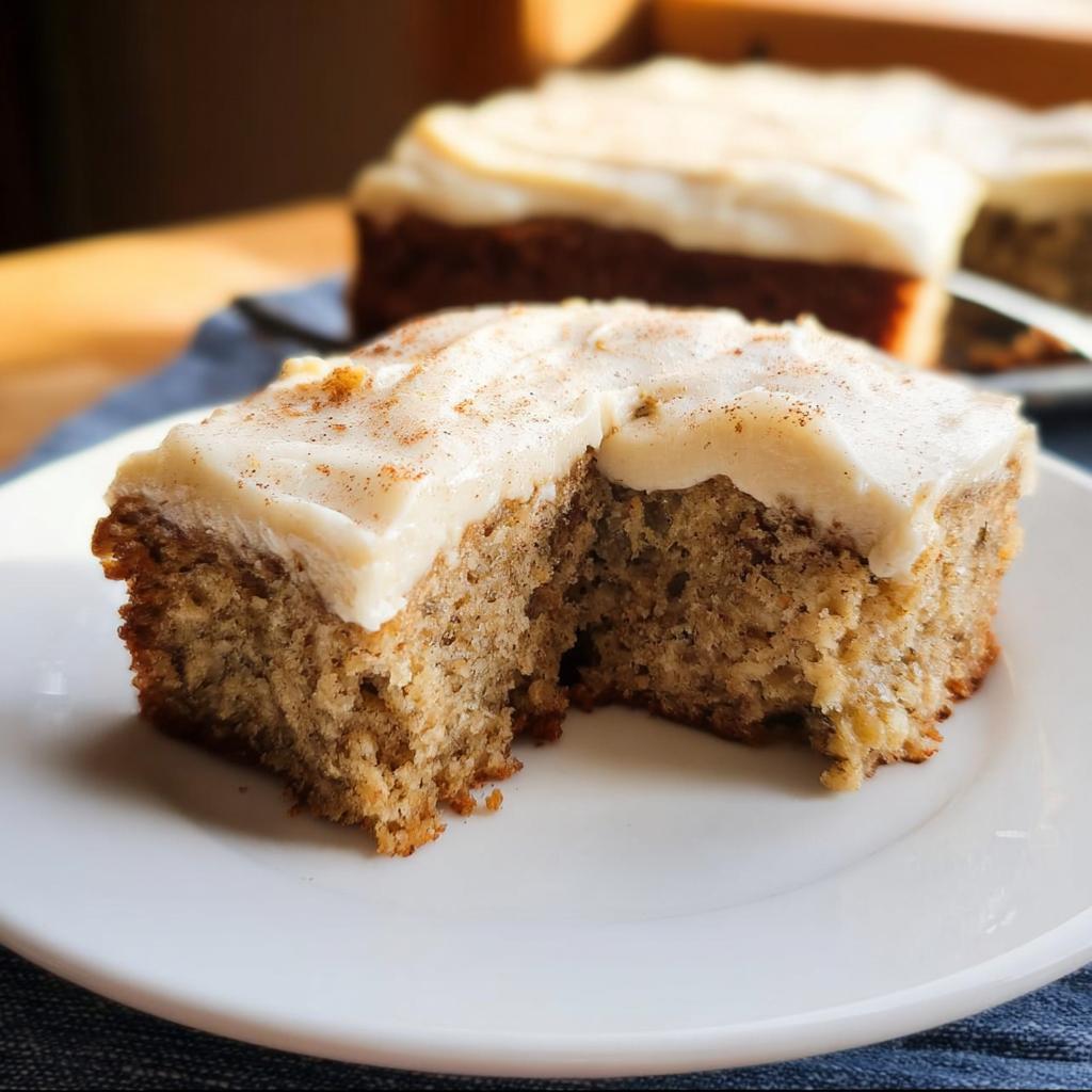 A close-up of a square Banana Bread Brownie with creamy frosting and a sprinkle of cinnamon.