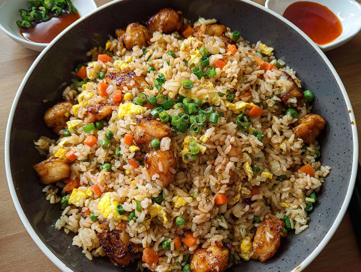 A bowl of flavorful Bang Bang Fried Rice with tender chicken pieces, scrambled eggs, peas, and carrots, garnished with green onions.
