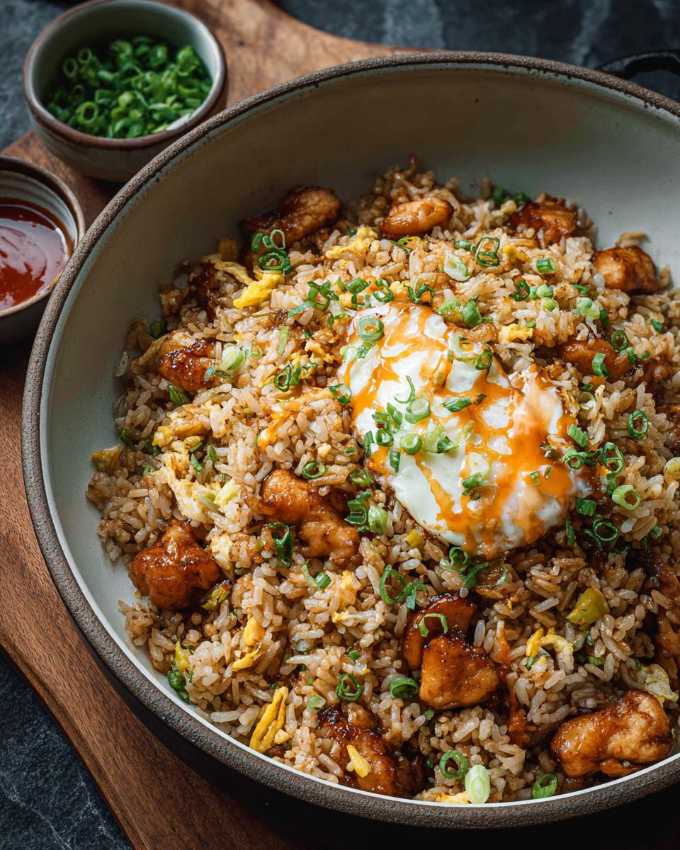 A close-up of a bowl of Bang Bang Fried Rice, featuring tender chicken pieces, scrambled eggs, and a fried egg topped with sauce and green onions.