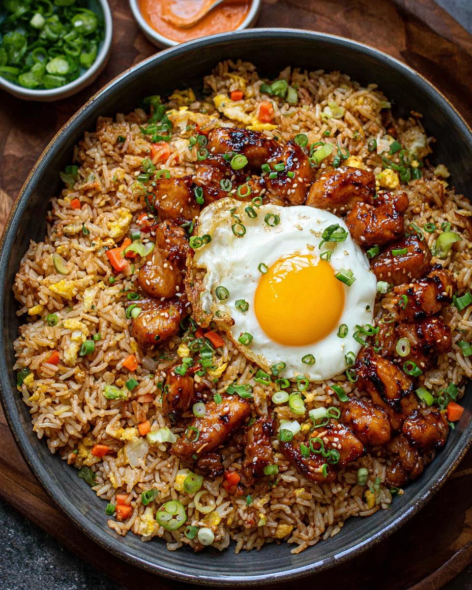 A bowl of Bang Bang Fried Rice topped with glazed chicken pieces and a sunny-side-up egg, garnished with green onions.