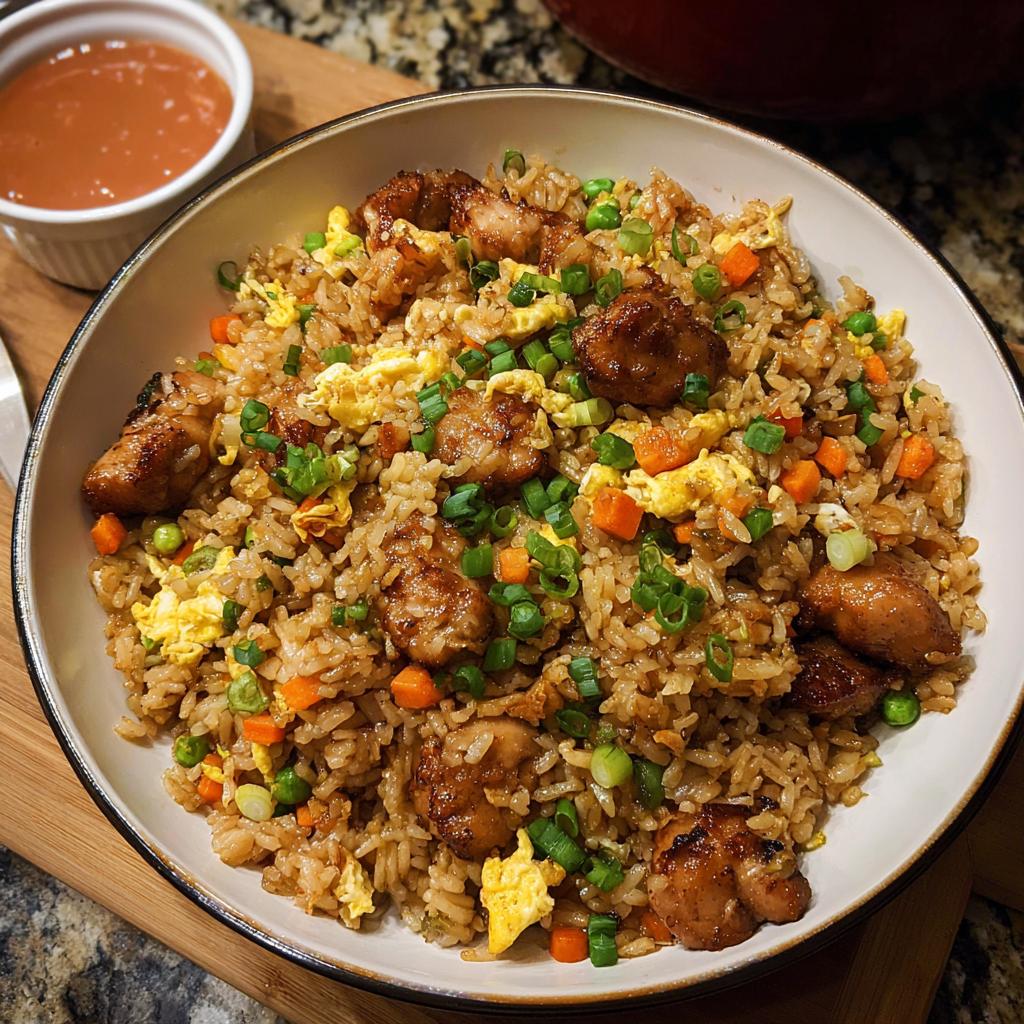 A bowl of flavorful Bang Bang Fried Rice with tender chicken pieces, scrambled eggs, peas, and carrots, garnished with green onions.