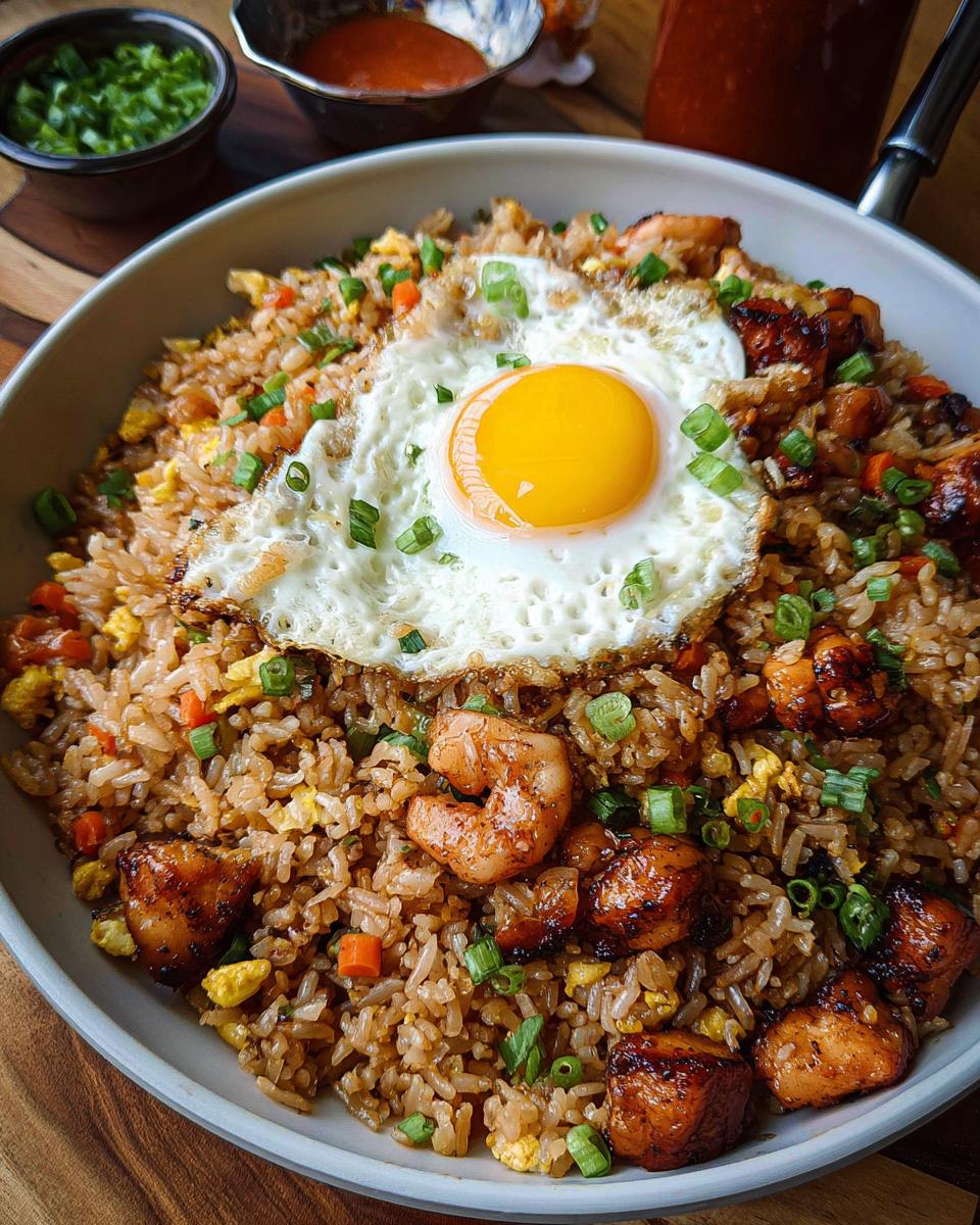 A close-up of a bowl of Bang Bang Fried Rice topped with a sunny-side-up egg, shrimp, and chicken.
