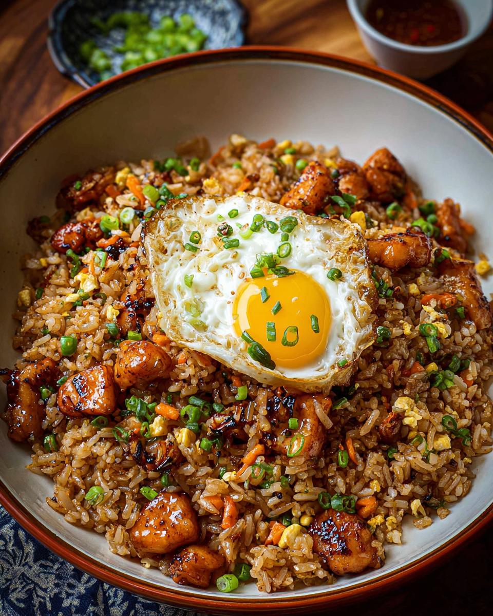 A bowl of Bang Bang Fried Rice topped with a sunny-side-up egg and garnished with green onions.