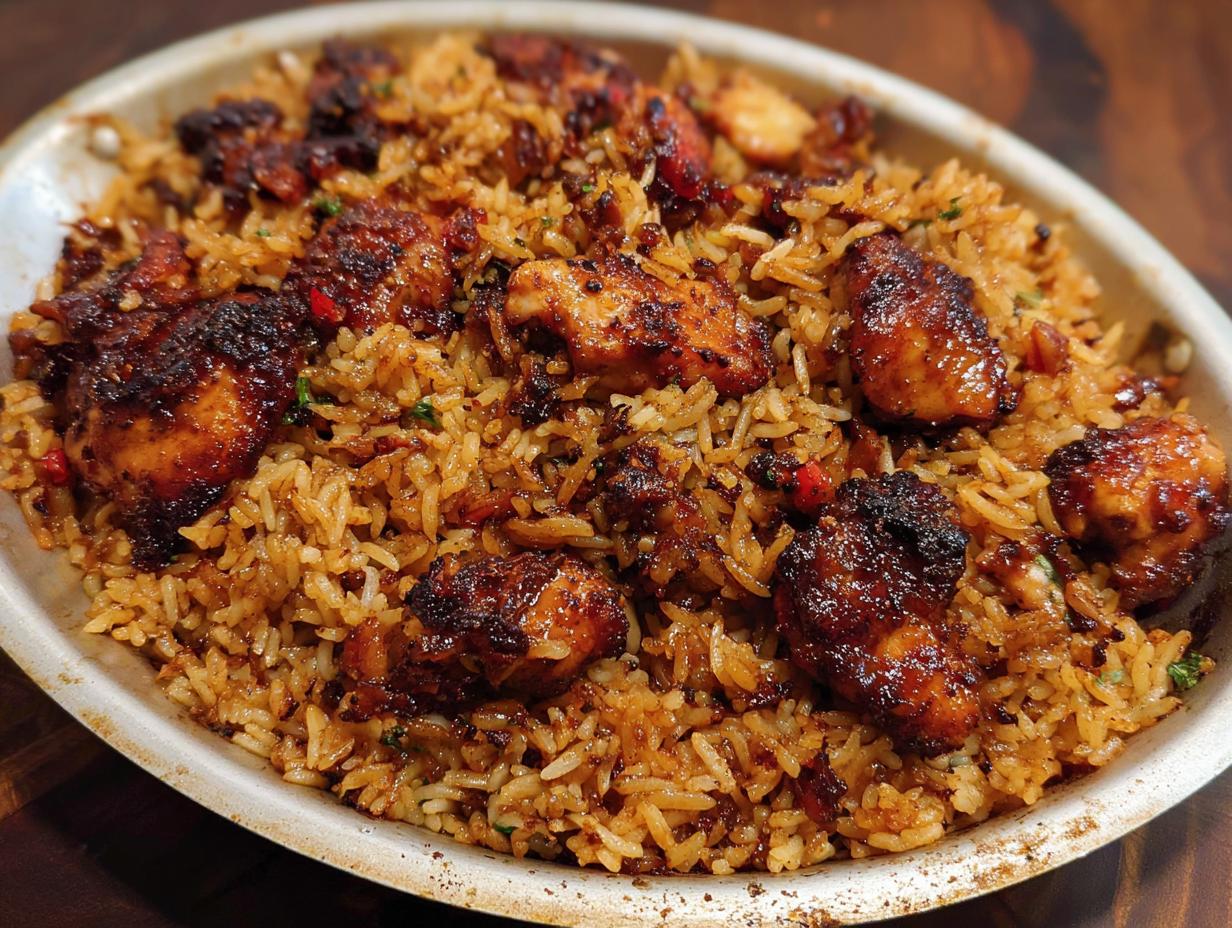 A close-up of a bowl filled with flavorful BBQ chicken and rice, featuring tender chicken pieces coated in a rich sauce.