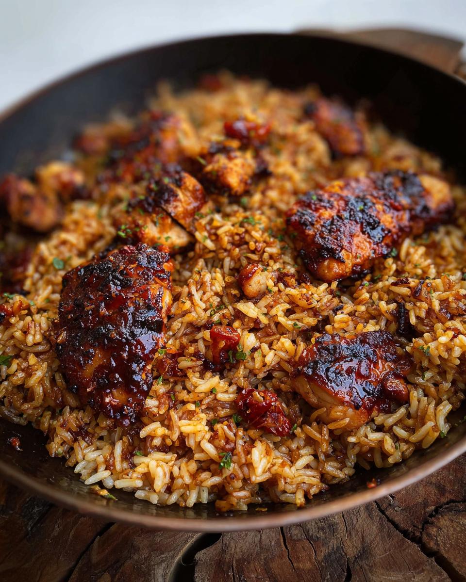 Close-up of a skillet filled with flavorful BBQ Chicken and Rice, garnished with fresh herbs.