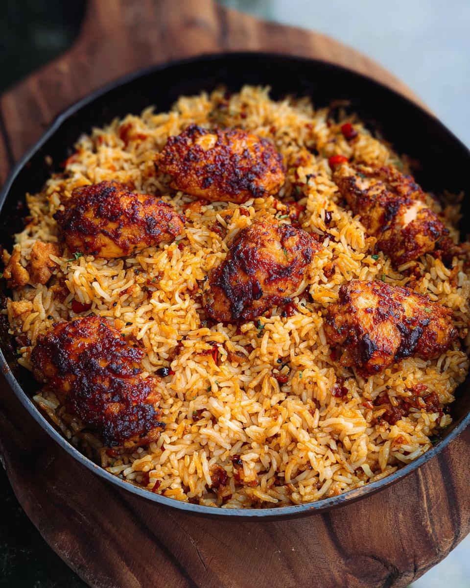 A close-up of a skillet filled with flavorful BBQ Chicken and Rice, topped with pieces of seasoned chicken.