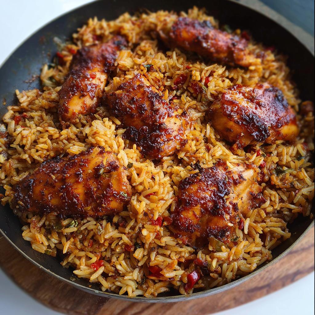 A close-up overhead view of a skillet filled with flavorful BBQ Chicken and Rice, featuring tender chicken pieces coated in a glossy sauce.