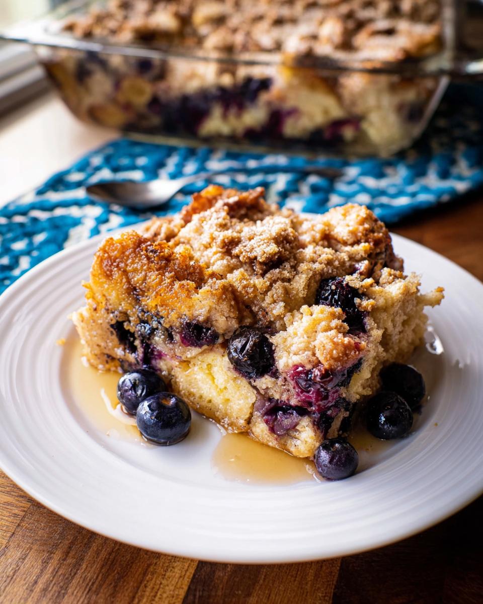 A delicious slice of Best Blueberry French Toast Casserole topped with streusel and fresh blueberries, drizzled with syrup.