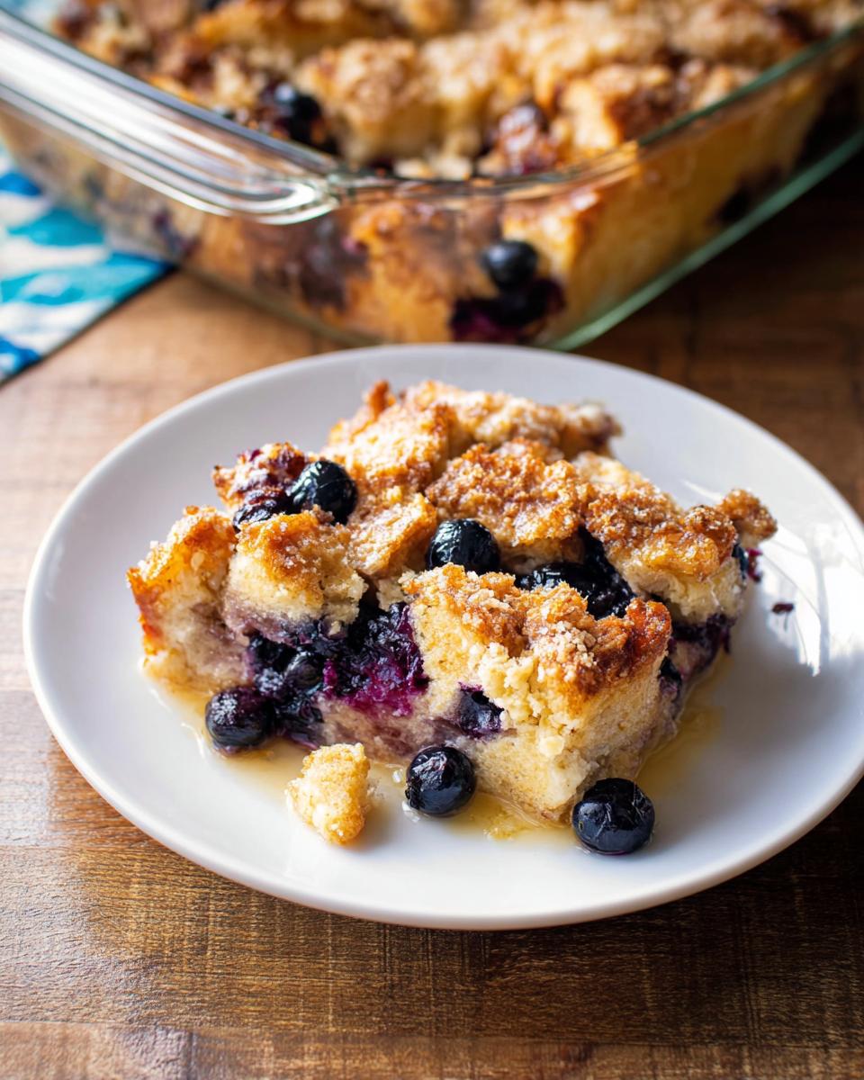 A delicious slice of Best Blueberry French Toast Casserole on a white plate, with fresh blueberries and syrup.