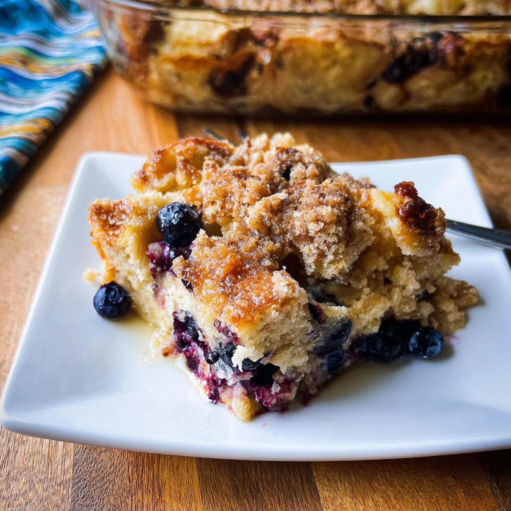 A delicious slice of Best Blueberry French Toast Casserole with fresh blueberries and a crumb topping.
