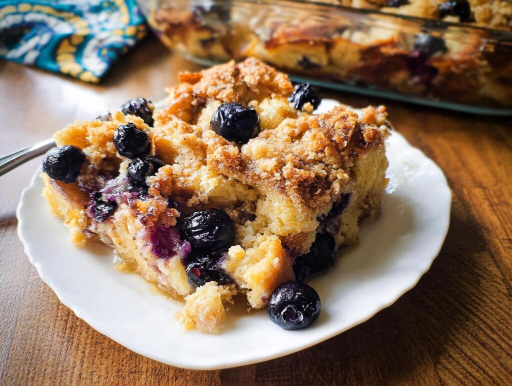 A delicious slice of Best Blueberry French Toast Casserole topped with fresh blueberries and streusel.
