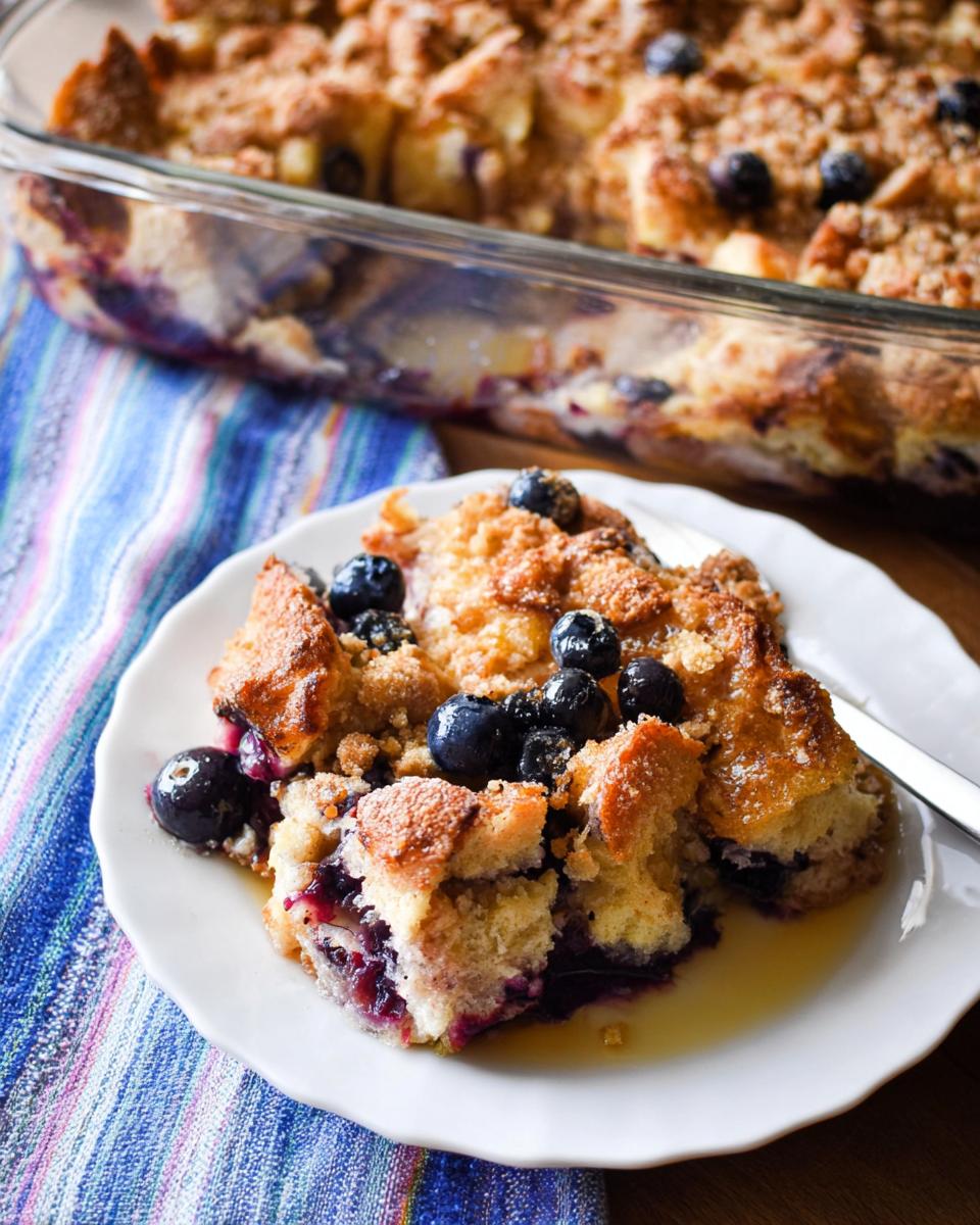 A delicious slice of Best Blueberry French Toast Casserole, topped with fresh blueberries and streusel.