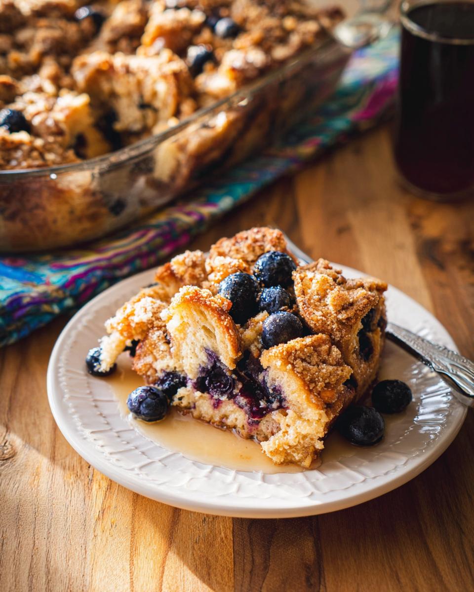 A delicious slice of Best Blueberry French Toast Casserole, topped with fresh blueberries and syrup.