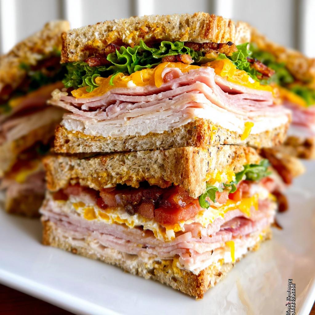 A tall, multi-layered Breakfast Club Sandwich with turkey, ham, bacon, lettuce, tomato, and cheese on whole wheat bread.