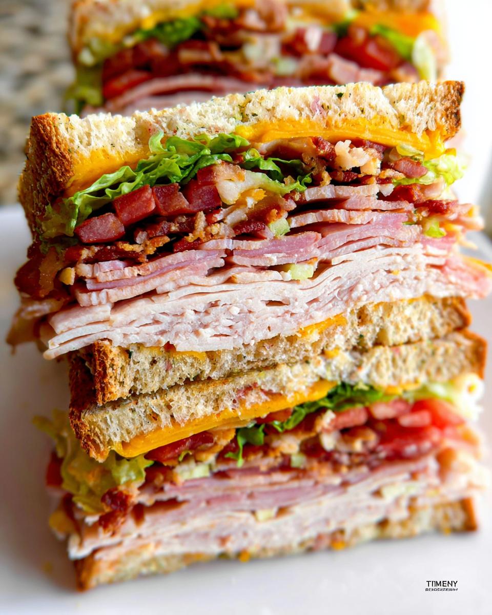 A tall stack of a delicious Breakfast Club Sandwich with layers of turkey, ham, bacon, lettuce, tomato, and cheese on toasted bread.