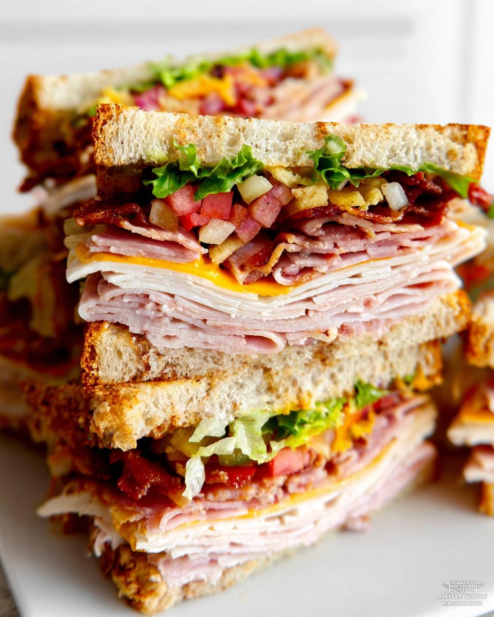 A tall stack of three Breakfast Club Sandwiches, loaded with turkey, ham, bacon, cheese, lettuce, and tomato.