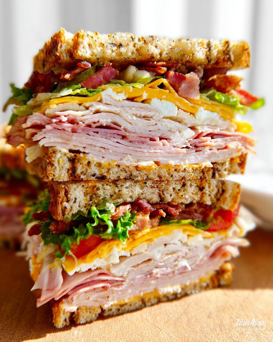 A tall, stacked Breakfast Club Sandwich with layers of toasted bread, turkey, ham, bacon, cheese, lettuce, tomato, and egg.