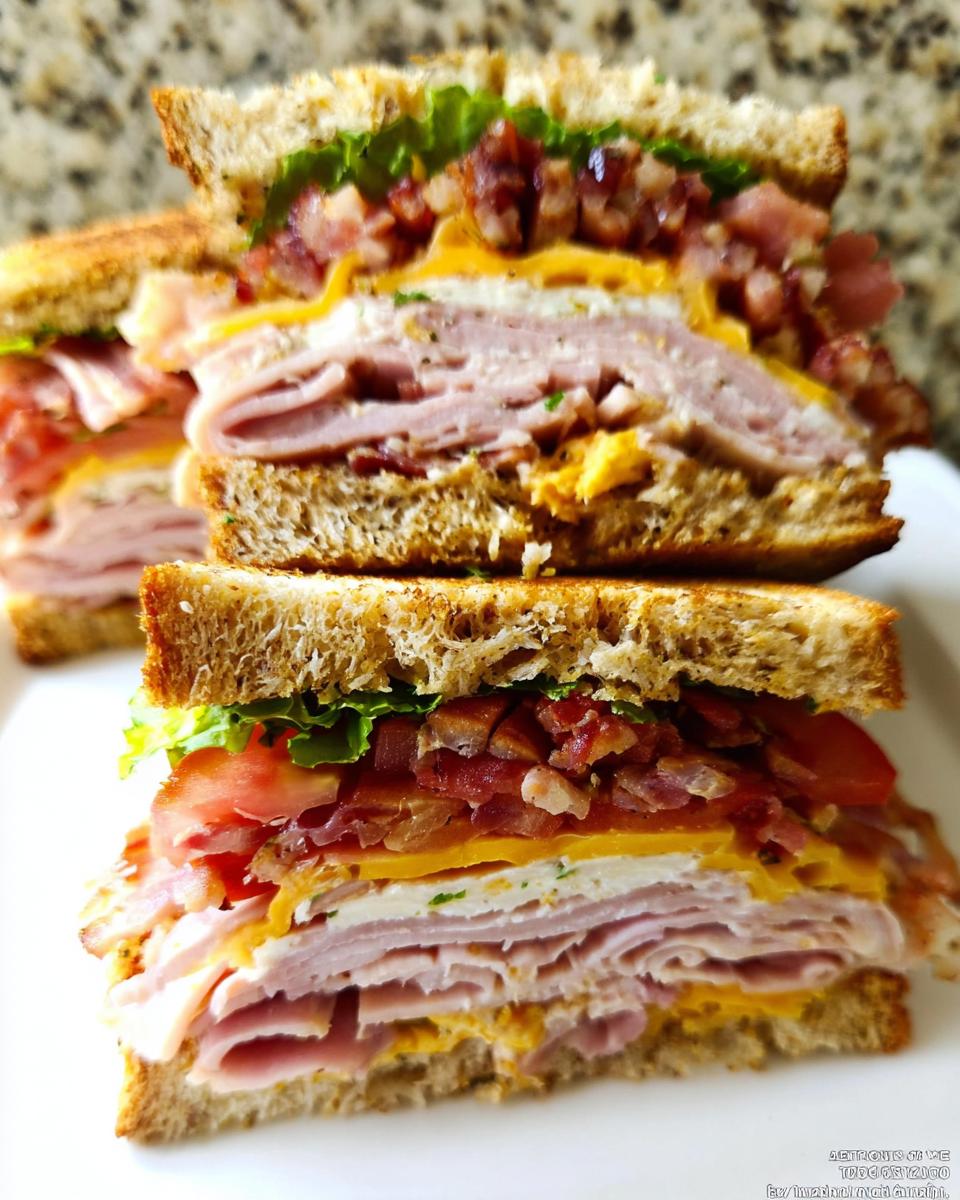 Close-up of a stacked Breakfast Club Sandwich showing layers of toast, ham, cheese, bacon, tomato, and lettuce.