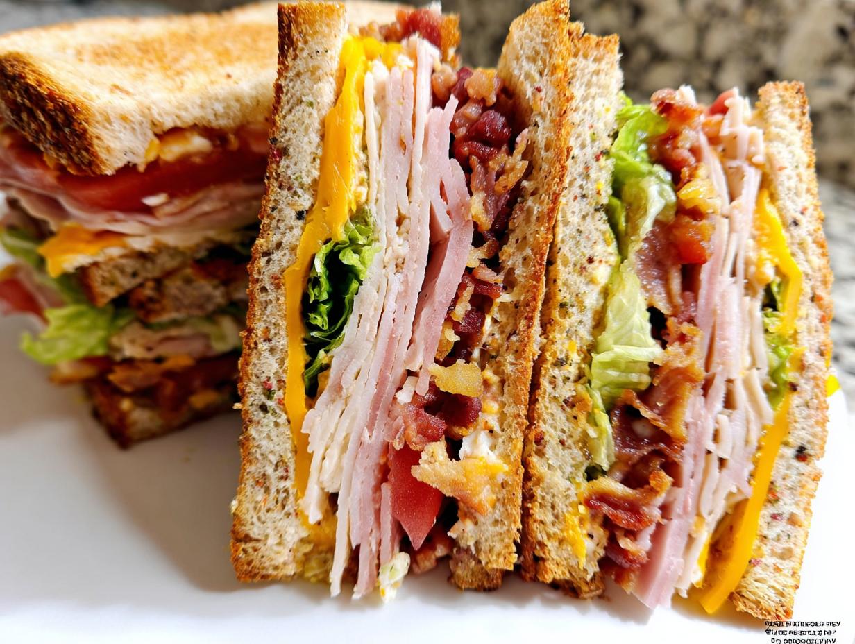 Close-up of a delicious Breakfast Club Sandwich with layers of turkey, ham, bacon, cheese, lettuce, and tomato on toasted bread.