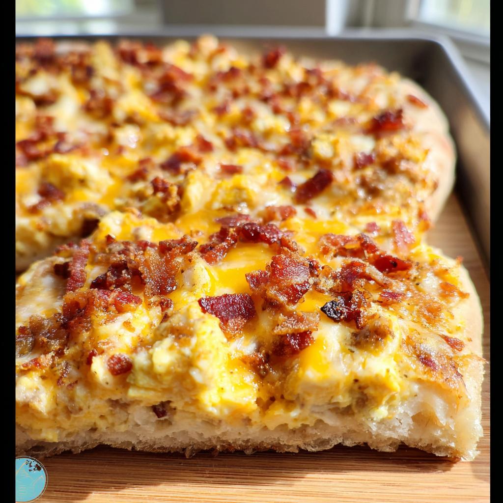 Close-up of a slice of breakfast pizza egg recipe topped with melted cheese and crispy bacon.