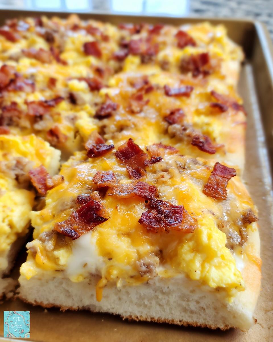 Close-up of a slice of breakfast pizza egg recipe topped with scrambled eggs, cheese, and crispy bacon.