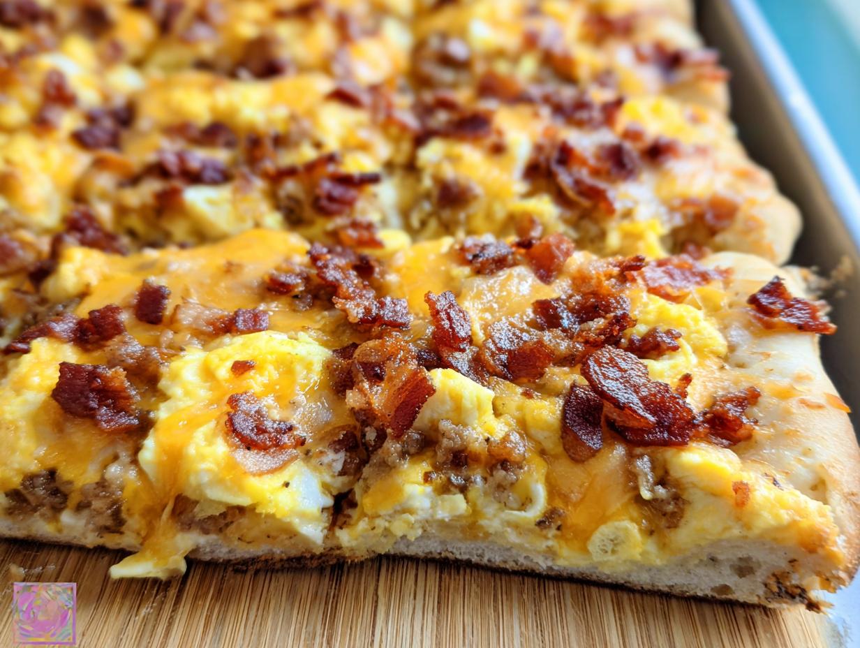 Close-up of a slice of breakfast pizza egg recipe, topped with scrambled eggs, cheese, and crispy bacon.