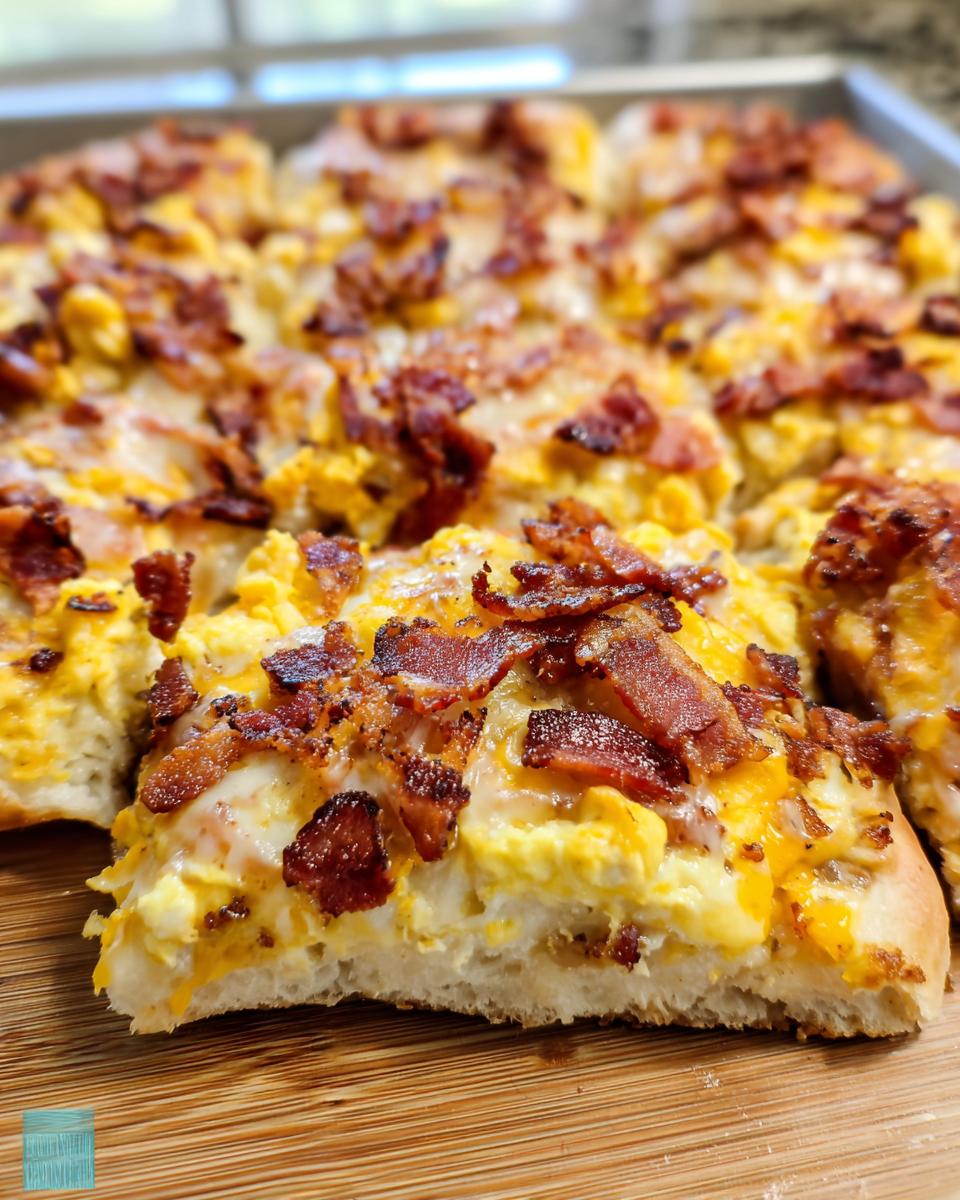A close-up shot of a slice of breakfast pizza egg recipe, topped with scrambled eggs, cheese, and crispy bacon.