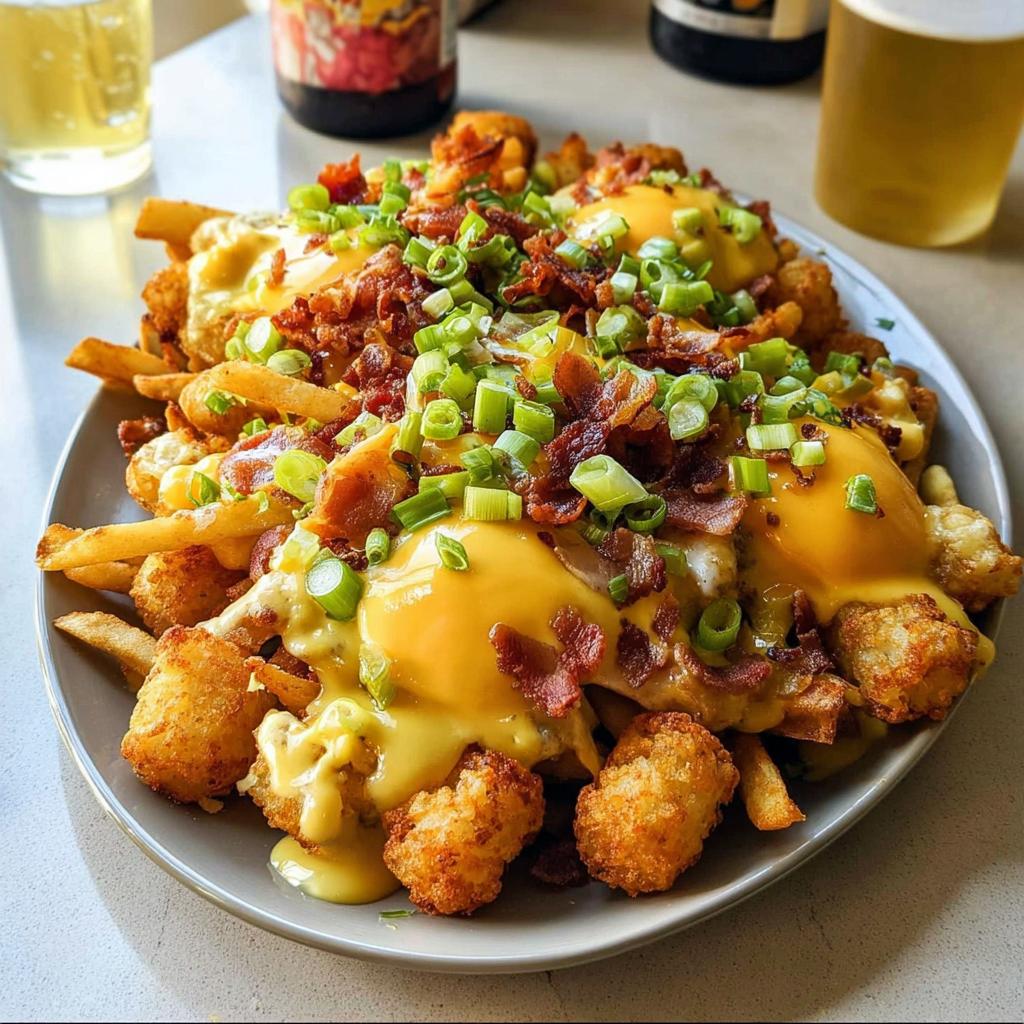 A plate of Breakfast Poutine with Hollandaise Sauce, topped with crispy bacon bits and green onions.