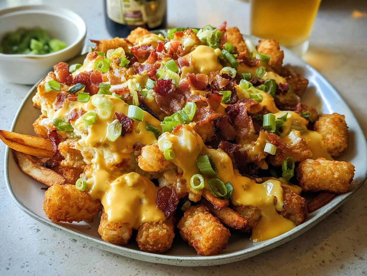 A plate of Breakfast Poutine with Hollandaise Sauce, topped with crispy bacon and green onions.