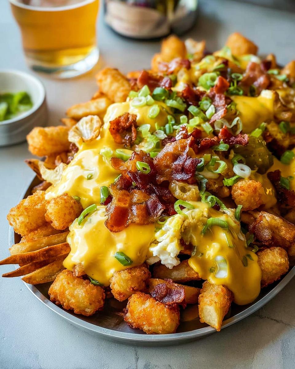 A hearty plate of Breakfast Poutine with Hollandaise Sauce, featuring crispy tater tots, french fries, scrambled eggs, bacon, and green onions.