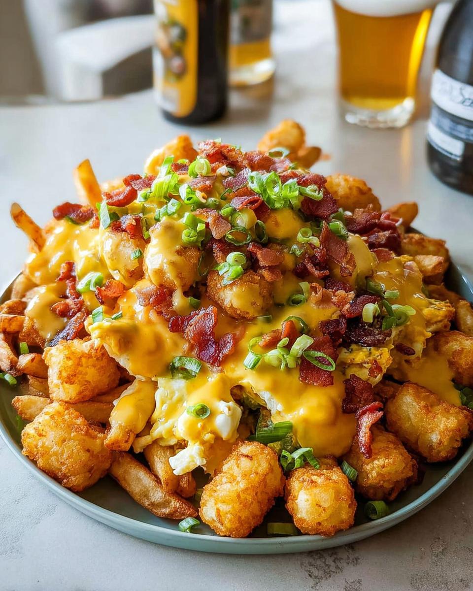 A hearty plate of Breakfast Poutine with Hollandaise Sauce, featuring french fries, tater tots, scrambled eggs, bacon, and green onions.