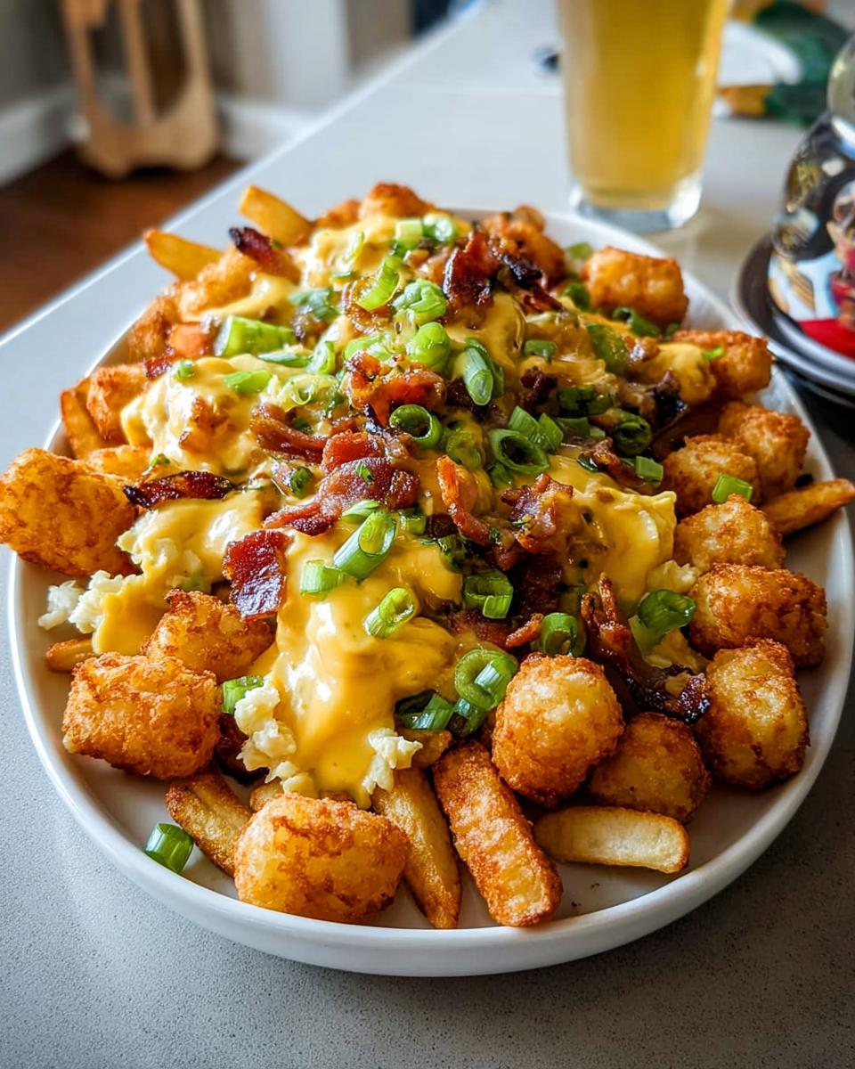 A hearty plate of Breakfast Poutine with Hollandaise Sauce, featuring tater tots, french fries, scrambled eggs, bacon, and green onions.