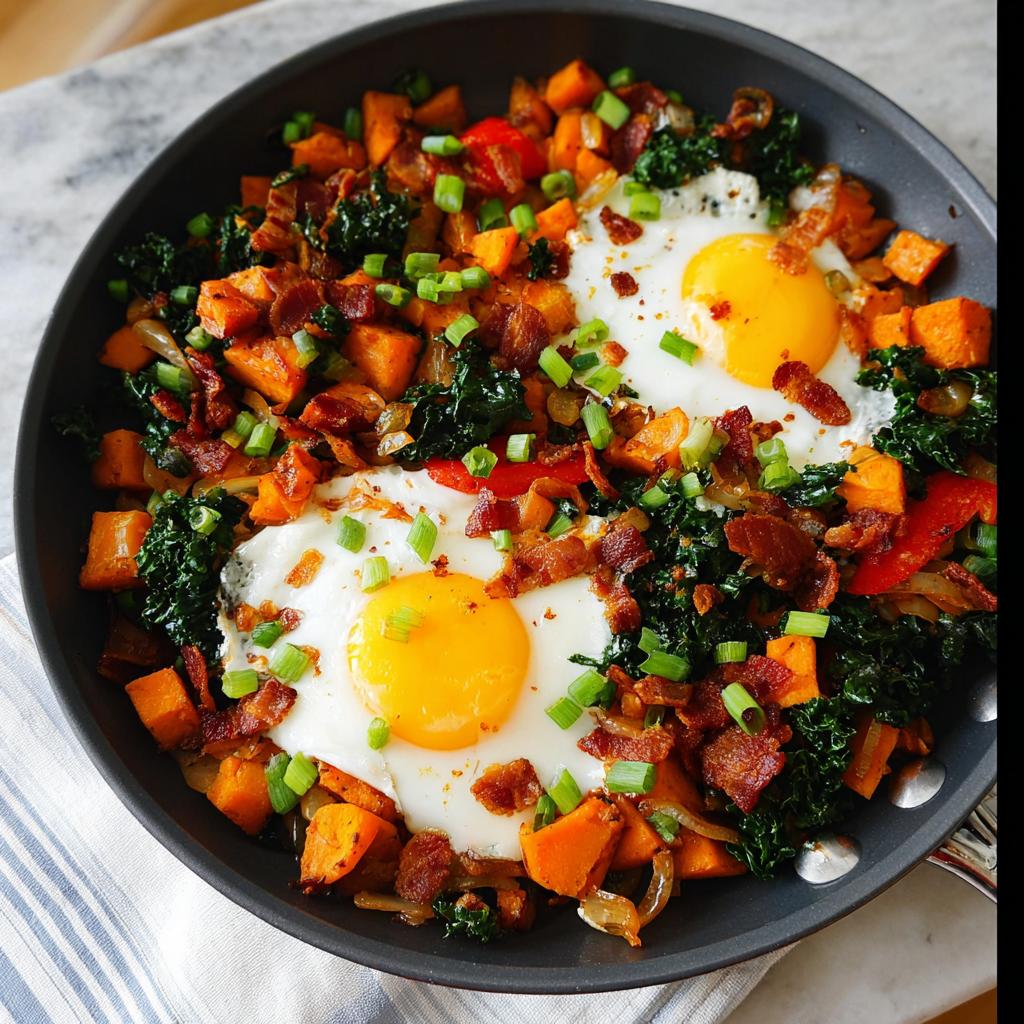 A savory BREAKFAST SWEET POTATO hash cooked in a skillet with two fried eggs, kale, bacon, and green onions.