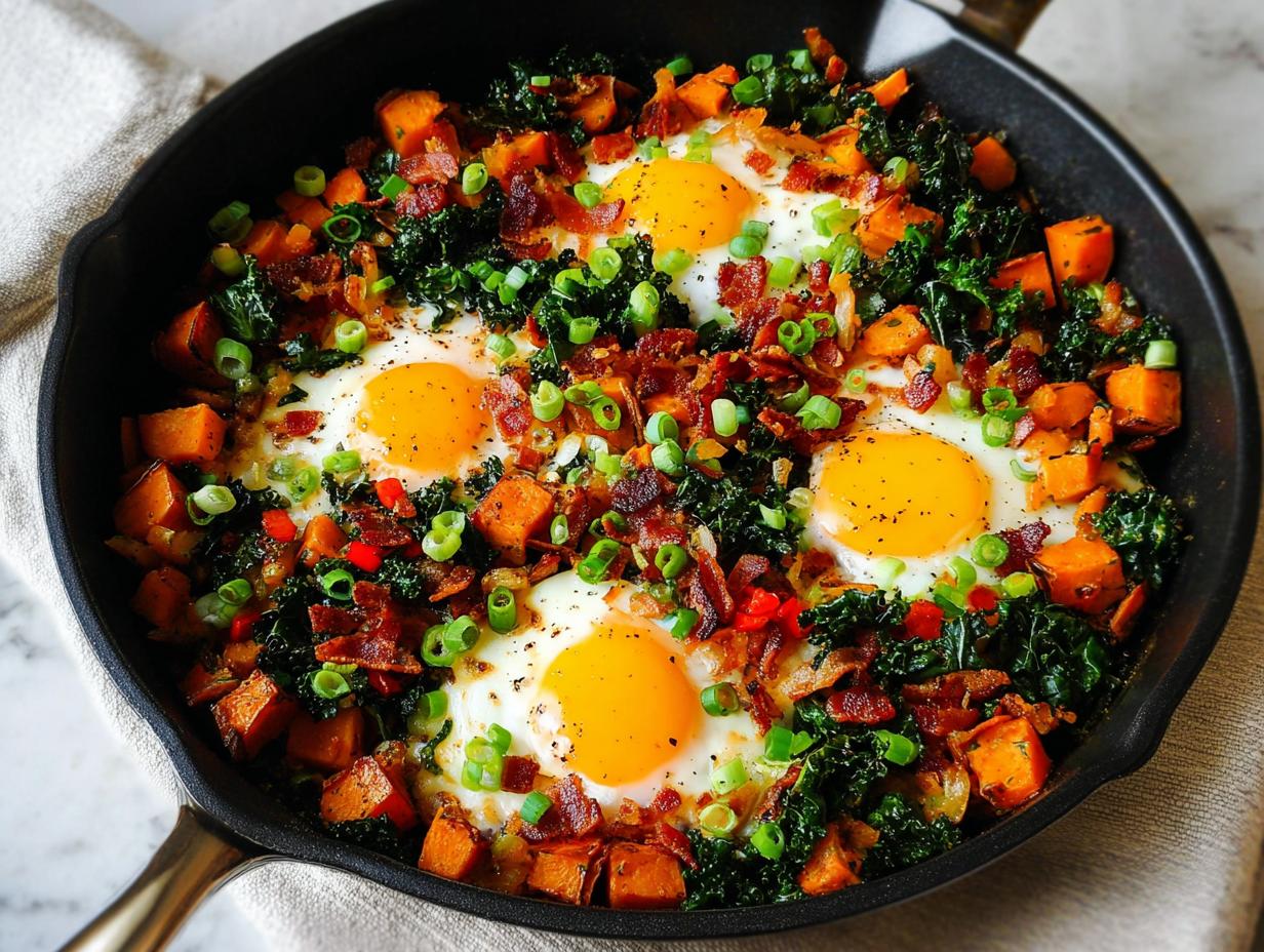 A cast iron skillet filled with BREAKFAST SWEET POTATO hash, topped with fried eggs, bacon, and green onions.
