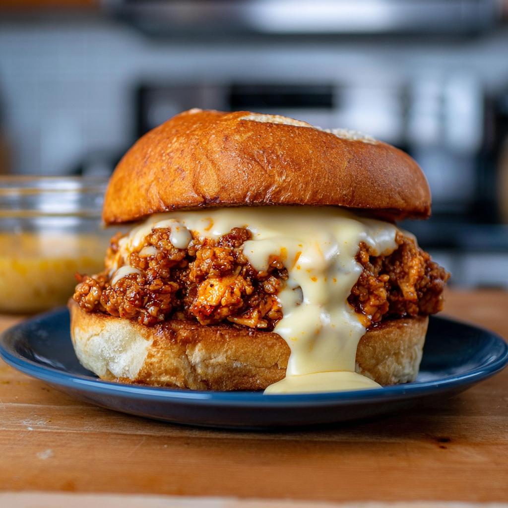 A delicious Cajun Chicken Sloppy Joe sandwich piled high with filling and dripping with creamy cheese sauce.