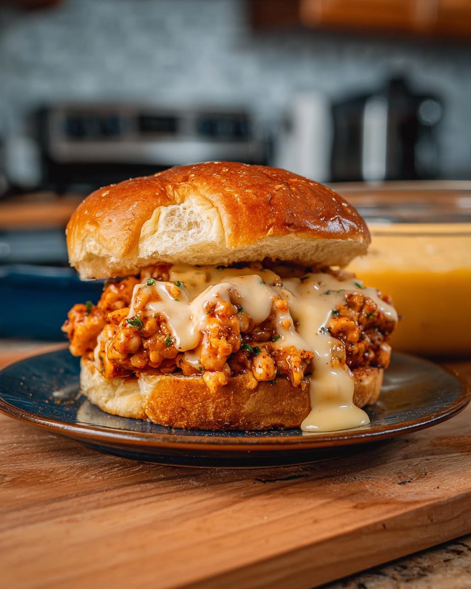A delicious Cajun Chicken Sloppy Joe sandwich piled high with chicken filling and smothered in creamy cheese sauce on a toasted bun.