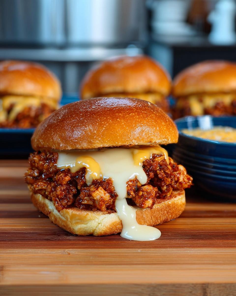 Close-up of a Cajun Chicken Sloppy Joe sandwich overflowing with chicken filling and creamy cheese sauce.