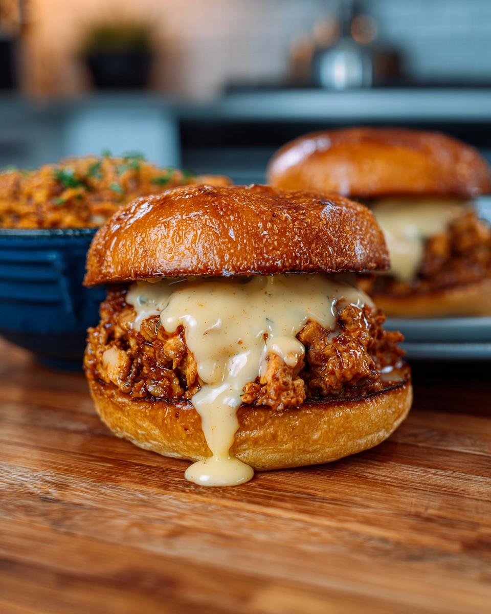 Close-up of a Cajun Chicken Sloppy Joe sandwich, dripping with creamy cheese sauce, on a wooden board.