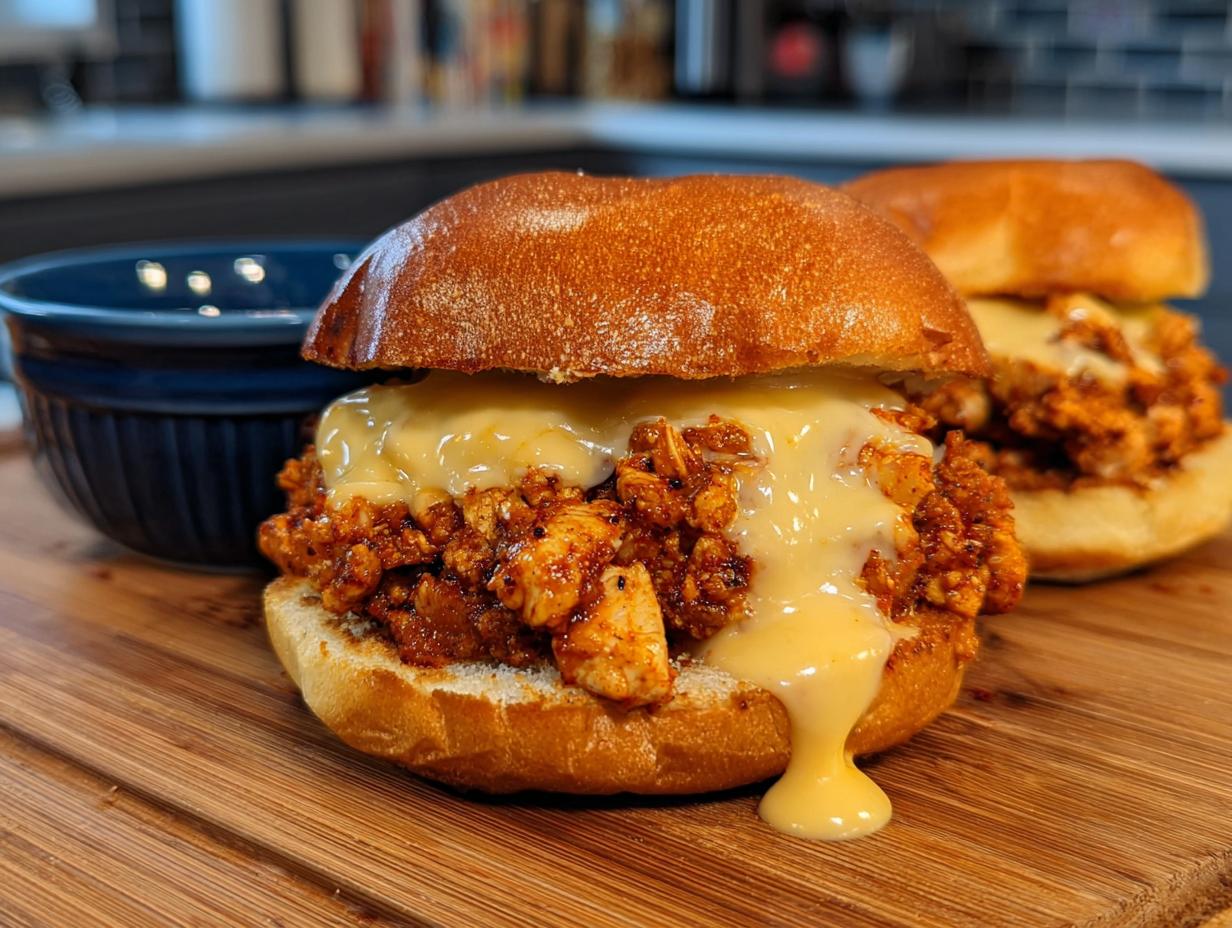 Two delicious Cajun Chicken Sloppy Joes topped with creamy cheese sauce on a wooden board.