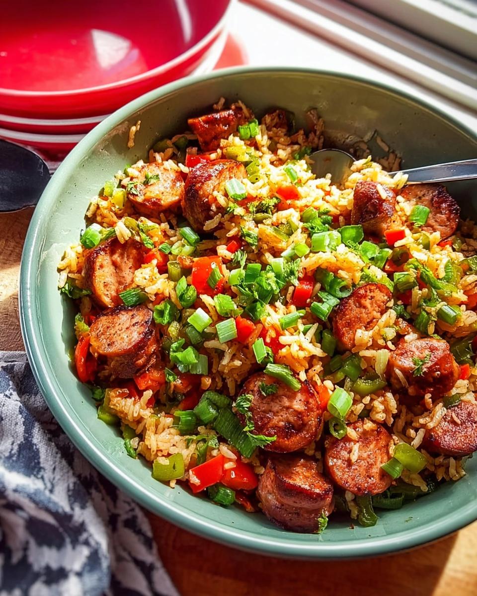 A close-up of a bowl filled with Cajun Sausage and Rice Skillet, featuring sliced sausage, rice, bell peppers, and green onions.