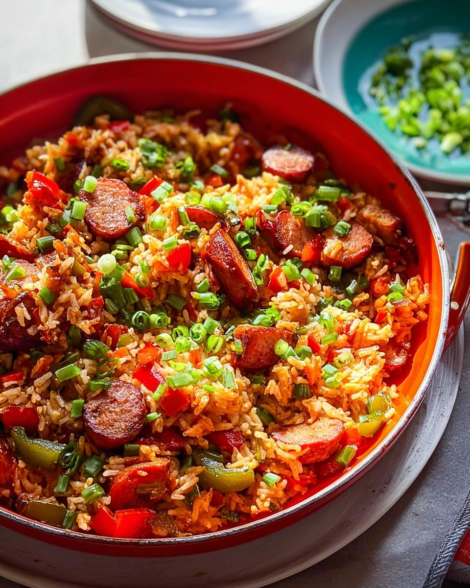 Close-up of a vibrant Cajun Sausage and Rice Skillet, filled with rice, sausage slices, bell peppers, and green onions.