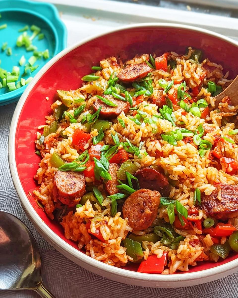 A vibrant bowl of Cajun Sausage and Rice Skillet, packed with sausage slices, bell peppers, and green onions.