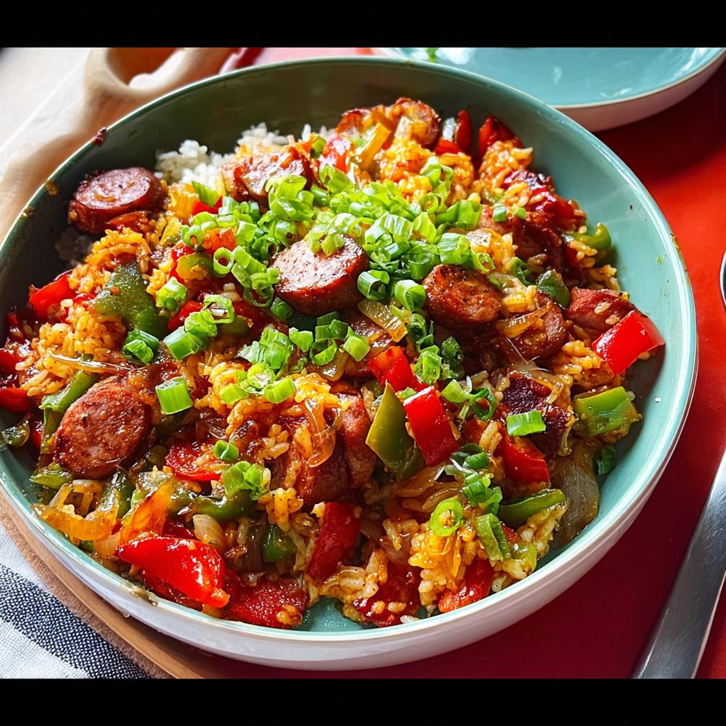 A vibrant bowl of Cajun Sausage and Rice Skillet, featuring sliced sausage, colorful bell peppers, and rice, topped with fresh green onions.
