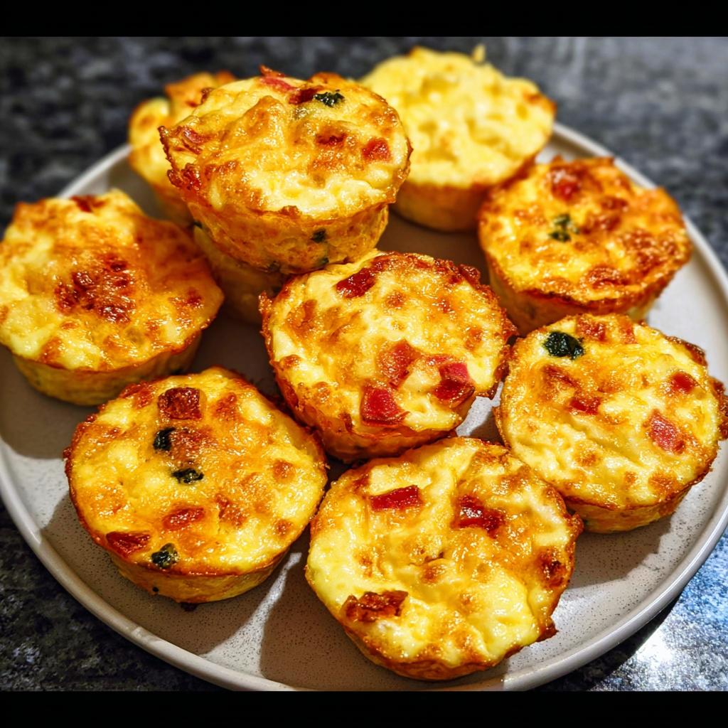 A plate of golden-brown Cheesy Muffin Tin Cottage Cheese Egg Bites, studded with red peppers and herbs.