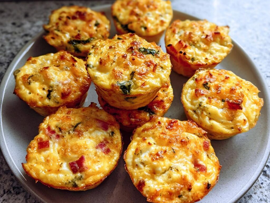 A plate of golden-brown Cheesy Muffin Tin Cottage Cheese Egg Bites, some with visible bits of red pepper and green herbs.