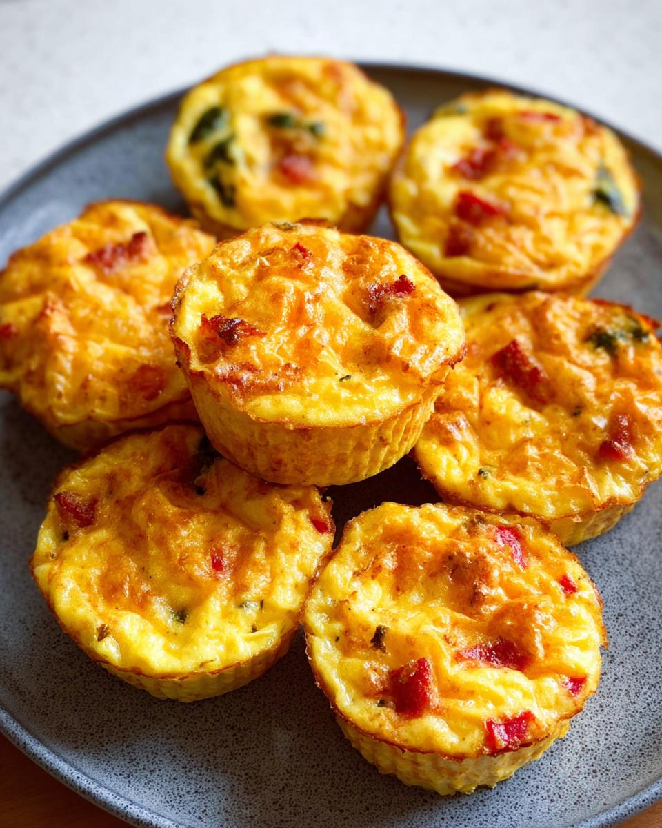 A plate of golden brown Cheesy Muffin Tin Cottage Cheese Egg Bites with visible red pepper and green herbs.