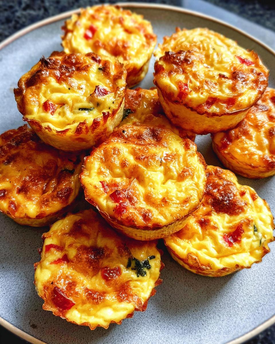 A pile of golden-brown Cheesy Muffin Tin Cottage Cheese Egg Bites with visible red bell peppers and green herbs.
